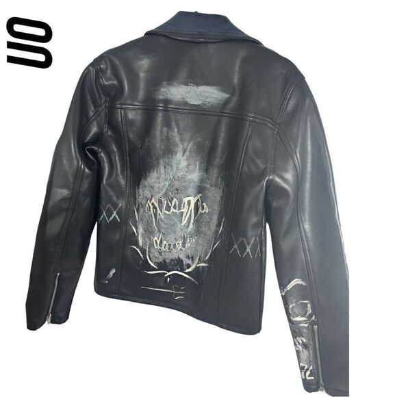 URBAN OUTFITTERS CUSTOM PAINTED FAUX VEGAN LEATHER JACKET BLACK SP - Picture 4 of 6